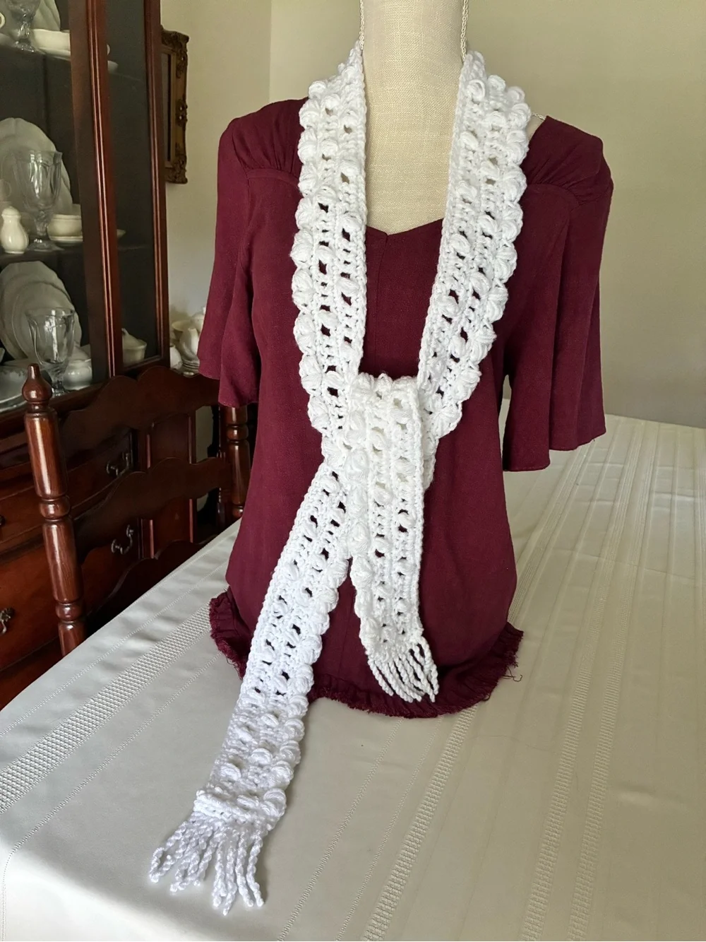 White Handmade Basketweave Eyelet Crochet Fringe Scarf - NEW